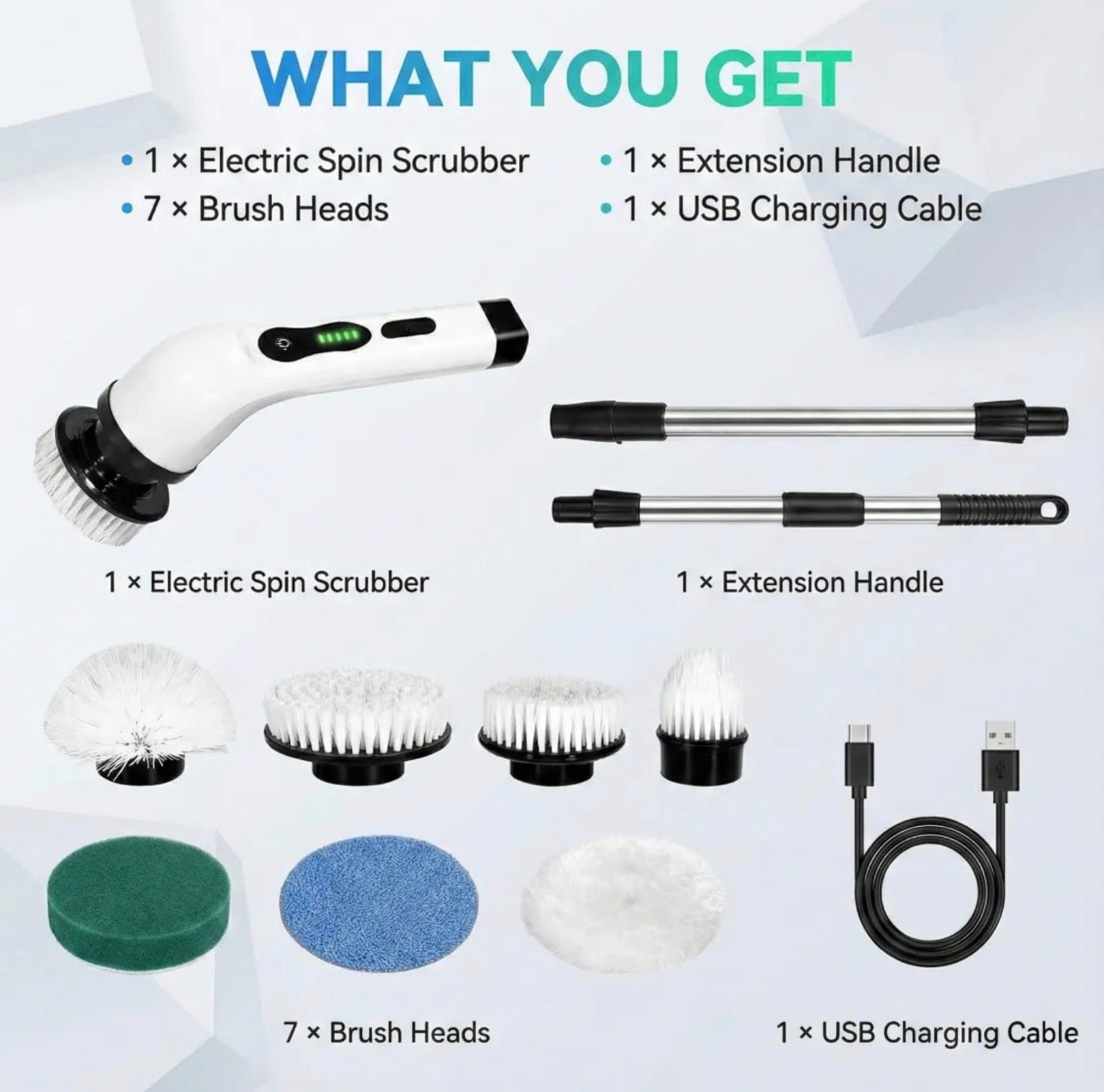 7-in-1 Electric Spin Scrubber Cleaning Brush With Extension Handle (1 Set)