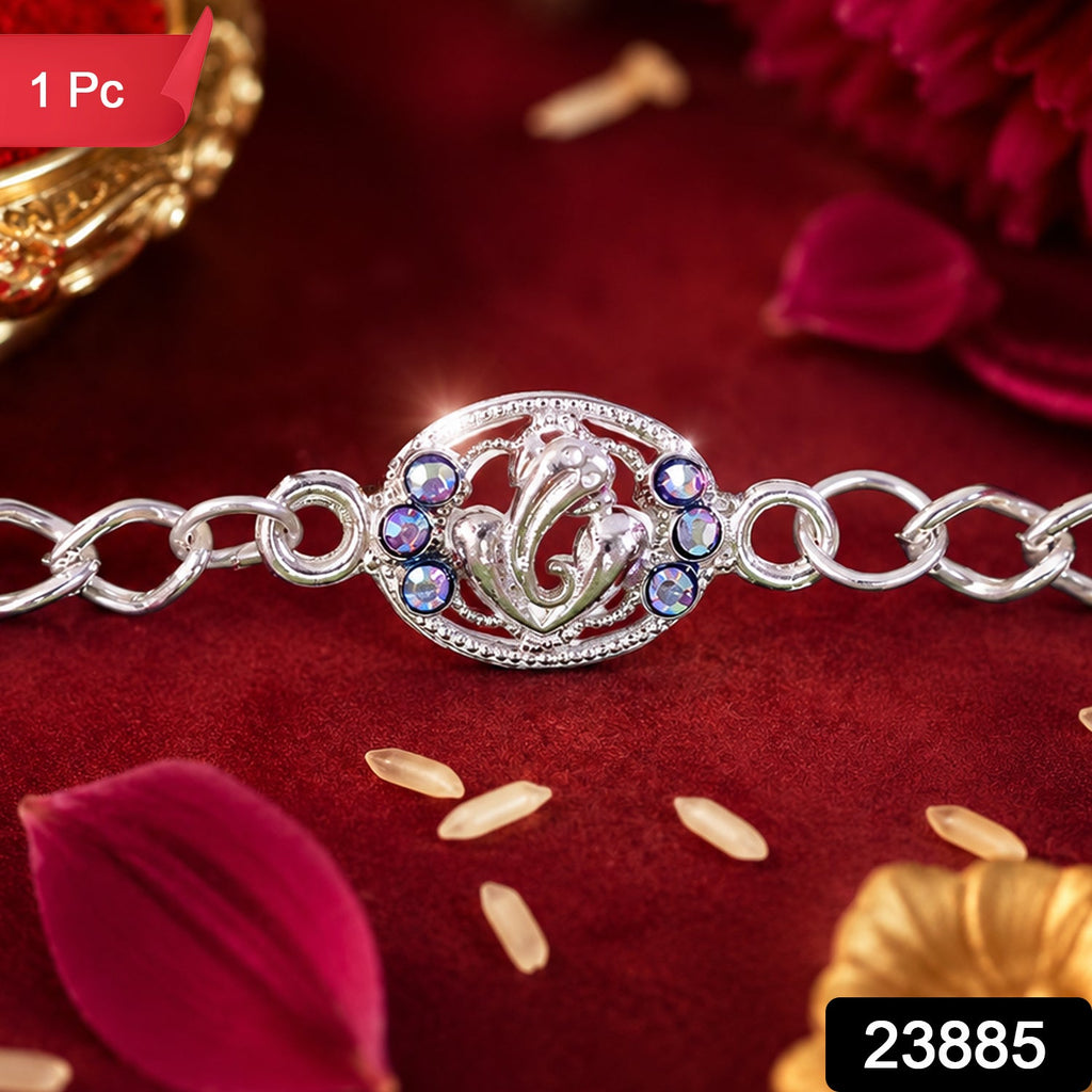Premium Silver Ganesha Rakhi With Stones Chain Bracelet For Brother (1 Pc)